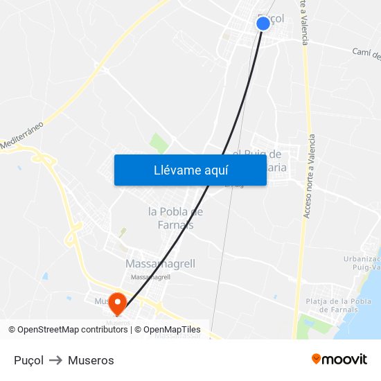 Puçol to Museros map