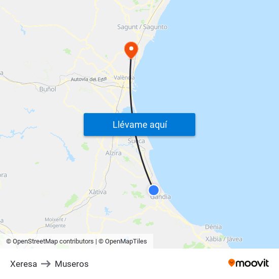 Xeresa to Museros map