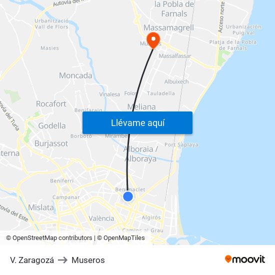 V. Zaragozá to Museros map