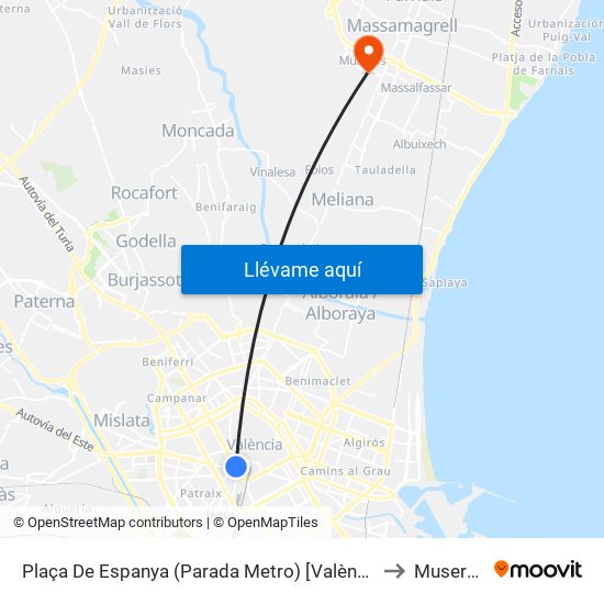 Plaça De Espanya (Parada Metro) [València] to Museros map