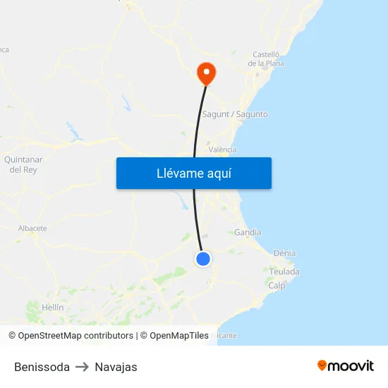 Benissoda to Navajas map