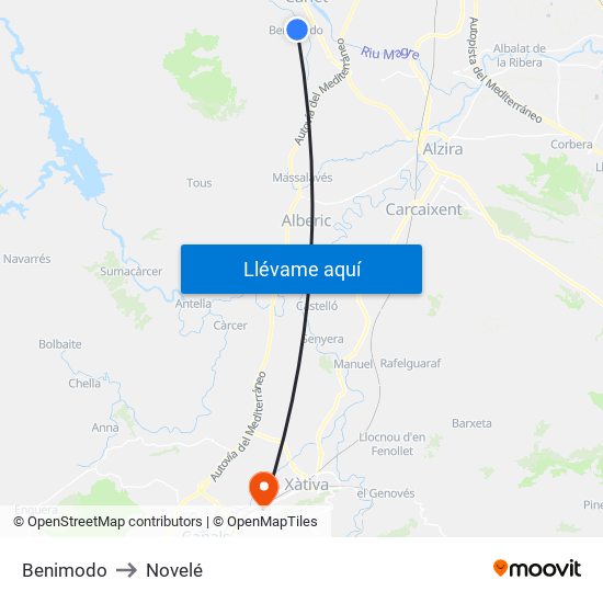 Benimodo to Novelé map