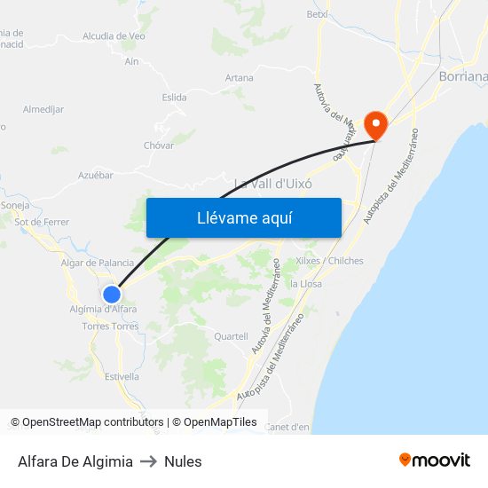 Alfara De Algimia to Nules map