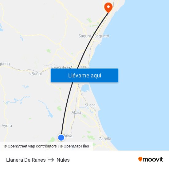 Llanera De Ranes to Nules map