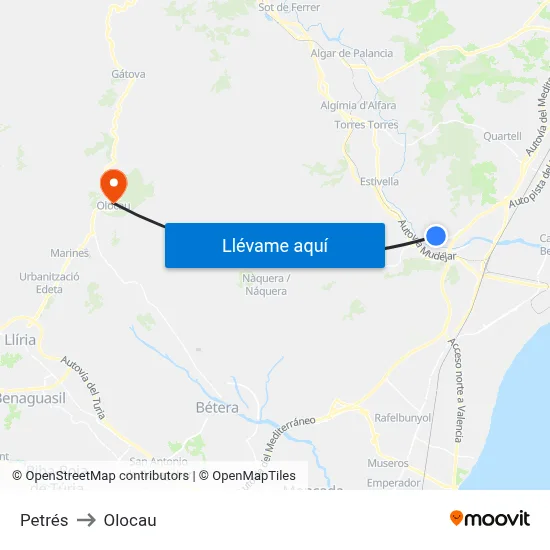 Petrés to Olocau map