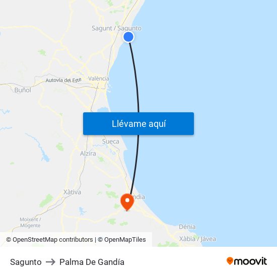 Sagunto to Palma De Gandía map