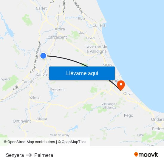 Senyera to Palmera map
