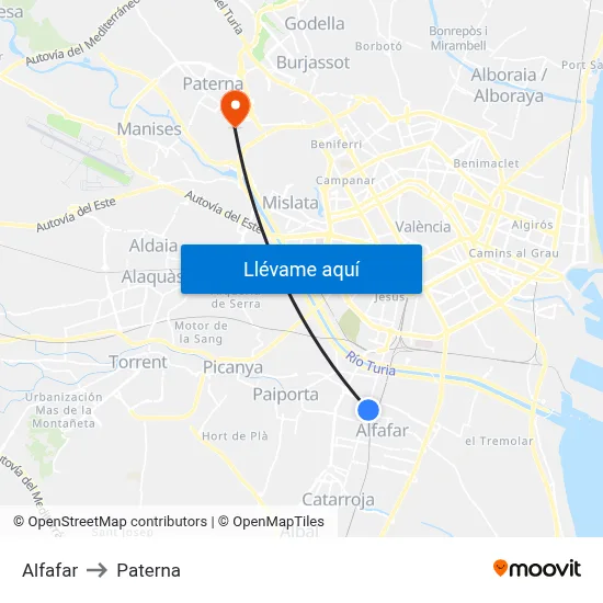 Alfafar to Paterna map