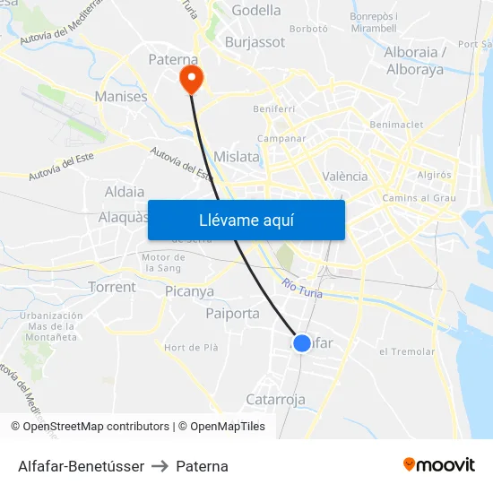 Alfafar-Benetússer to Paterna map