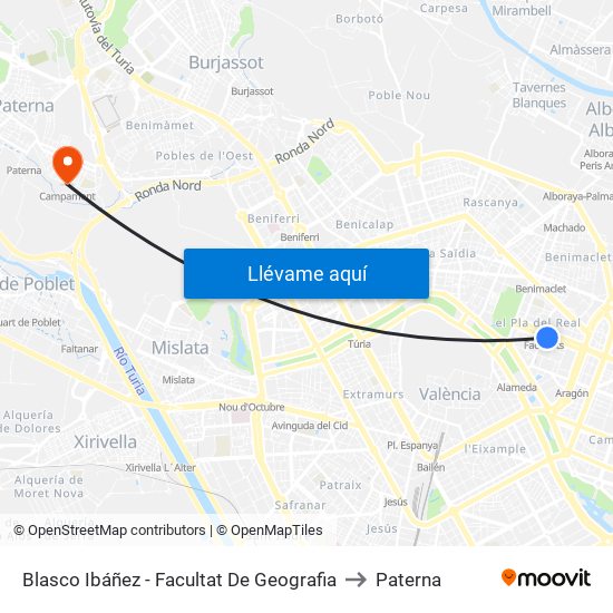 Blasco Ibáñez - Facultat De Geografia to Paterna map