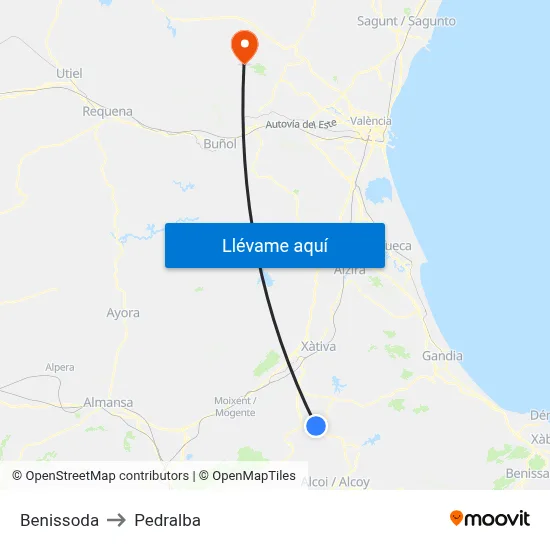 Benissoda to Pedralba map
