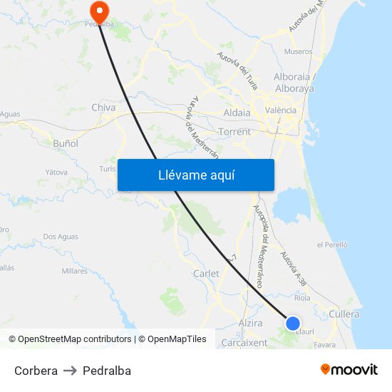 Corbera to Pedralba map