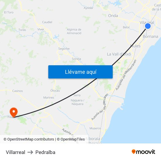 Villarreal to Pedralba map