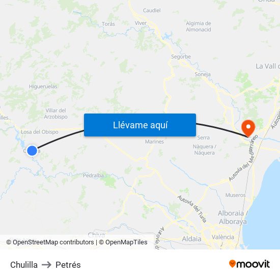 Chulilla to Petrés map