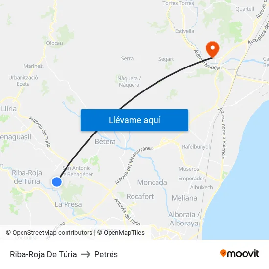 Riba-Roja De Túria to Petrés map