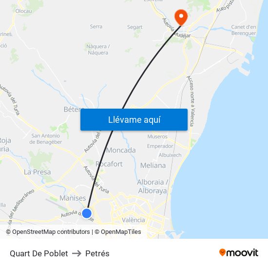 Quart De Poblet to Petrés map