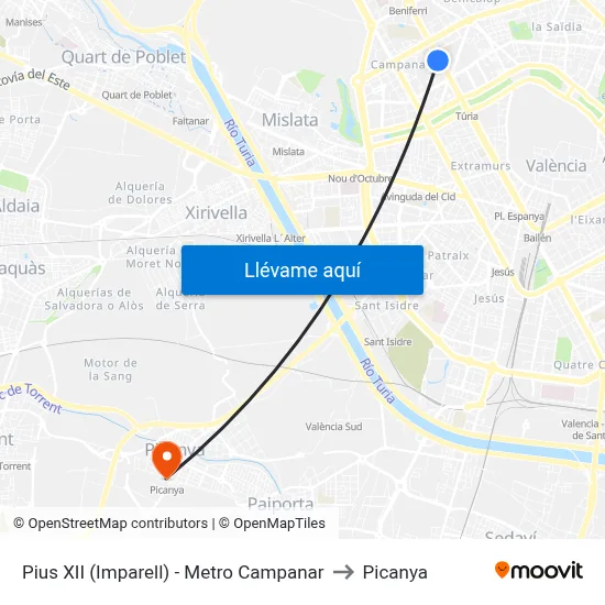 Pius XII (Imparell) - Metro Campanar to Picanya map