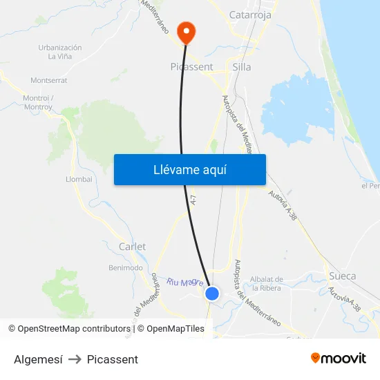 Algemesí to Picassent map