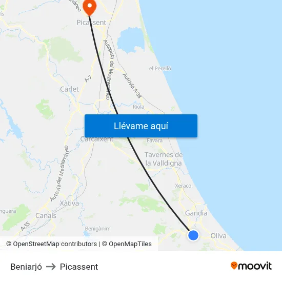 Beniarjó to Picassent map