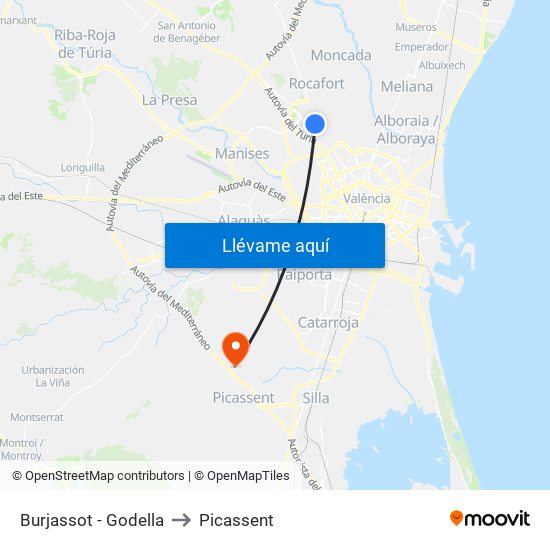 Burjassot - Godella to Picassent map
