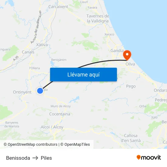 Benissoda to Piles map