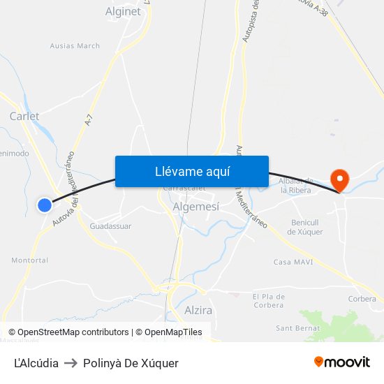 L'Alcúdia to Polinyà De Xúquer map