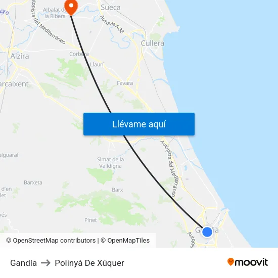 Gandía to Polinyà De Xúquer map