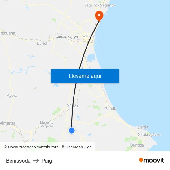 Benissoda to Puig map