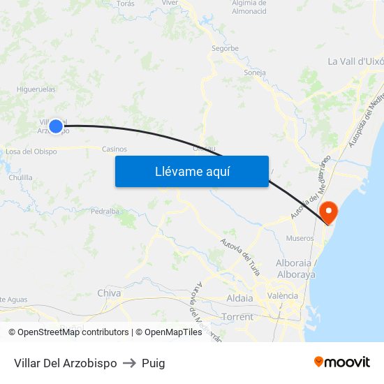 Villar Del Arzobispo to Puig map