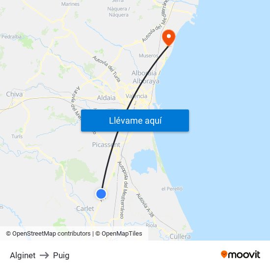 Alginet to Puig map