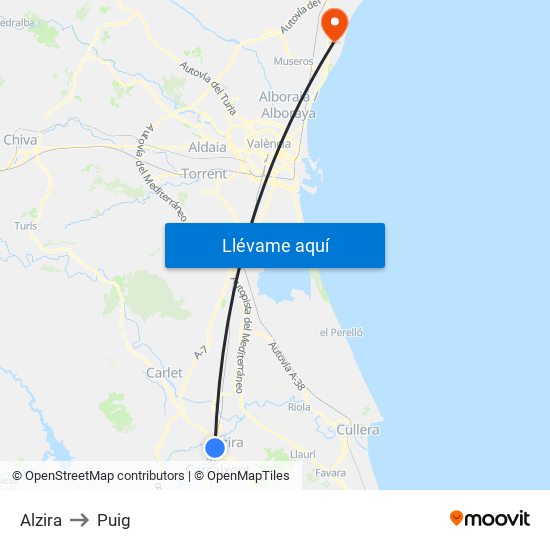 Alzira to Puig map
