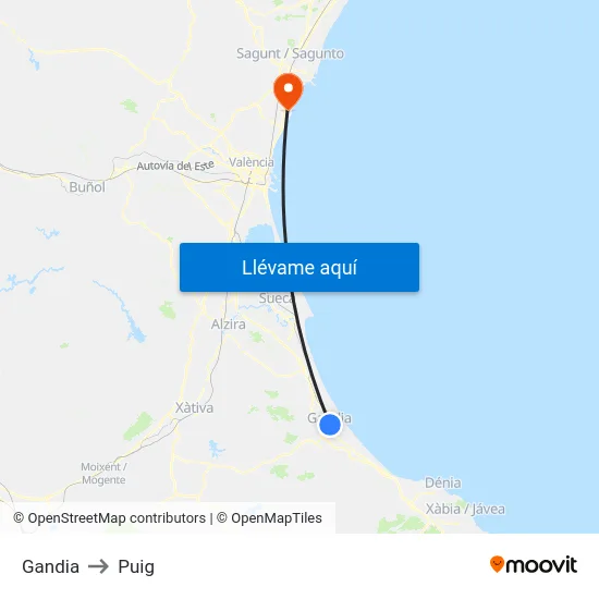 Gandia to Puig map