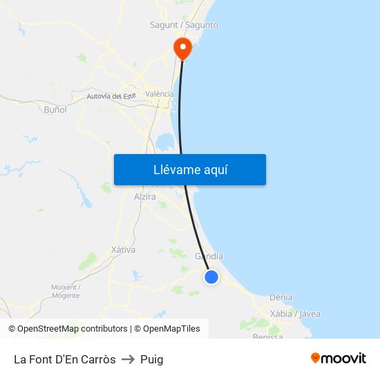La Font D'En Carròs to Puig map