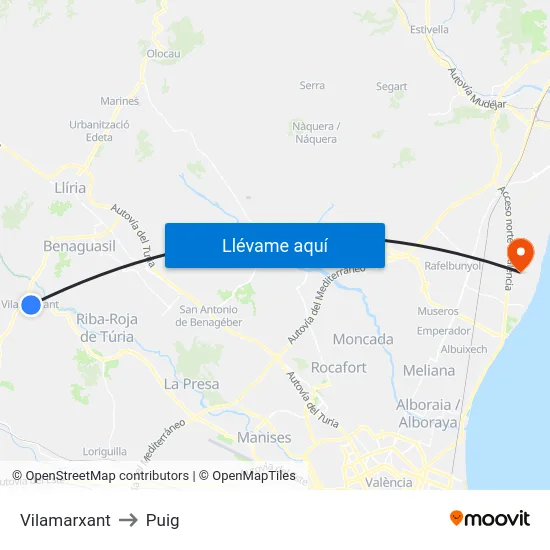 Vilamarxant to Puig map