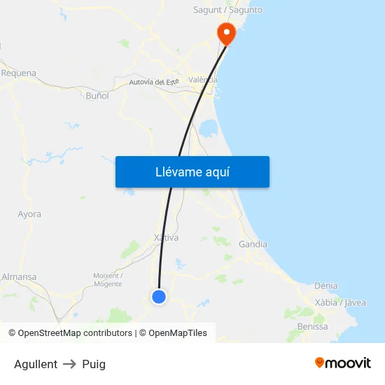 Agullent to Puig map