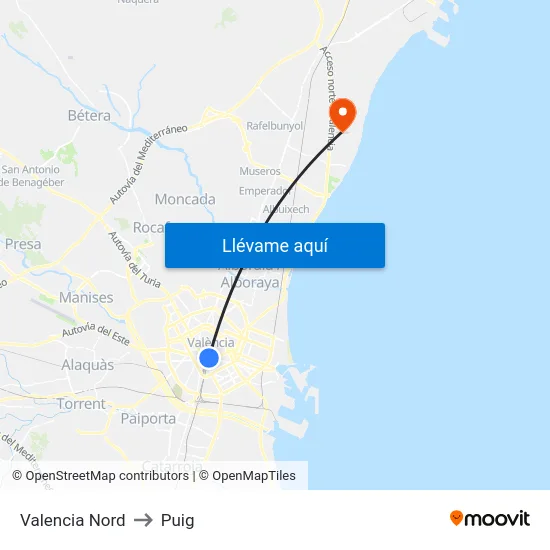 Valencia Nord to Puig map