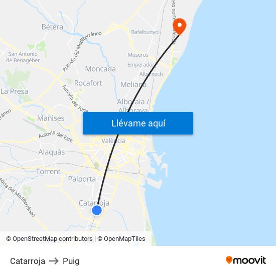 Catarroja to Puig map