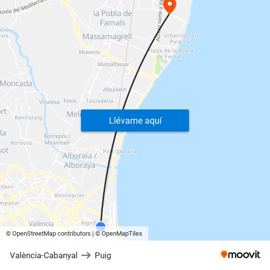 València-Cabanyal to Puig map