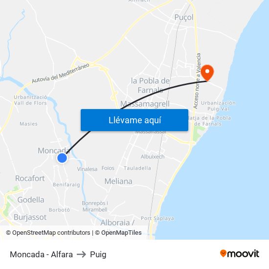 Moncada - Alfara to Puig map