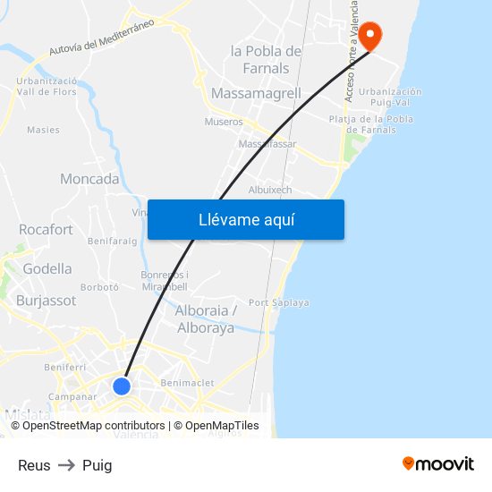 Reus to Puig map