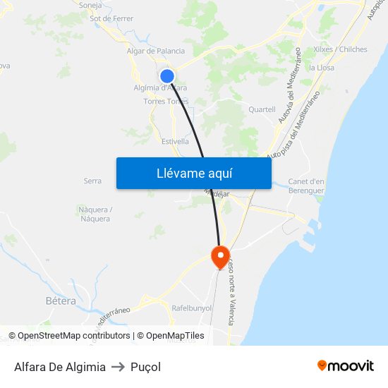 Alfara De Algimia to Puçol map