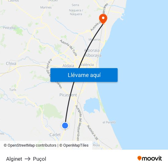 Alginet to Puçol map
