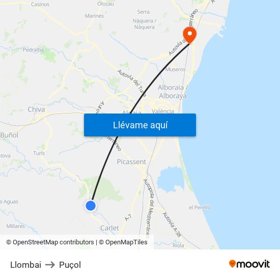 Llombai to Puçol map