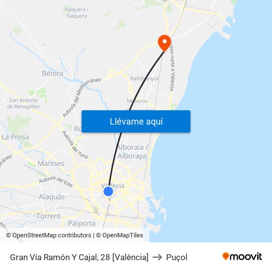 Gran Vía Ramón Y Cajal, 28 [València] to Puçol map