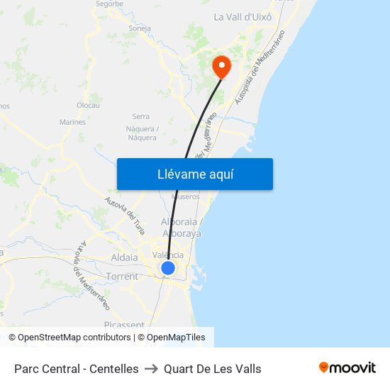 Parc Central to Quart De Les Valls map