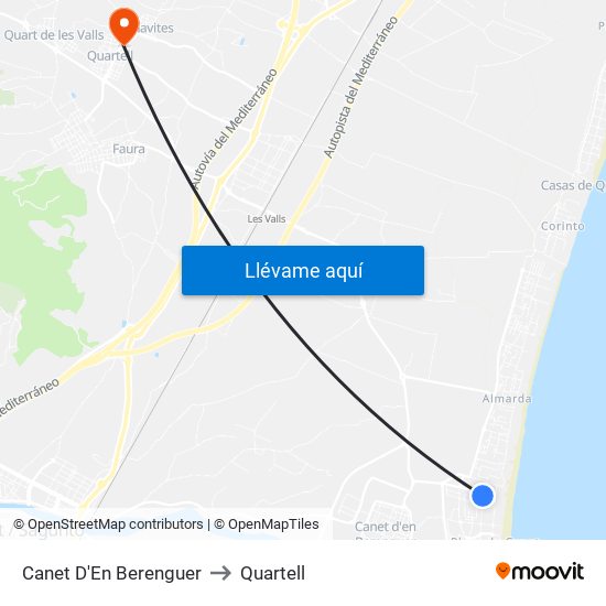 Canet D'En Berenguer to Quartell map