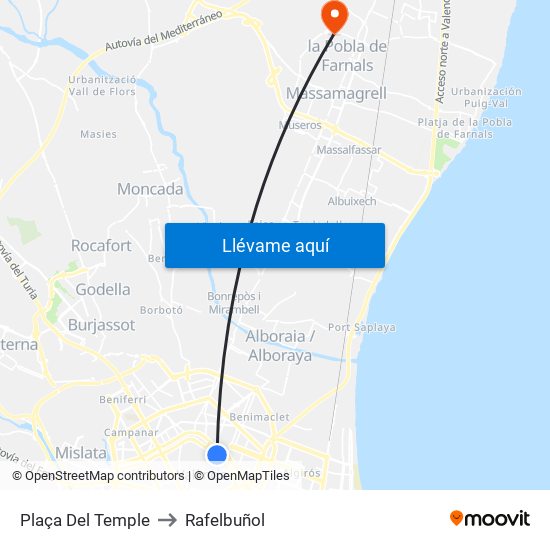 Plaça Del Temple to Rafelbuñol map