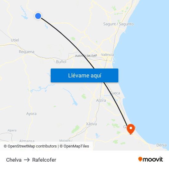 Chelva to Rafelcofer map