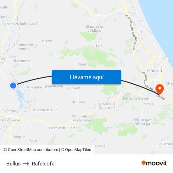 Bellús to Rafelcofer map