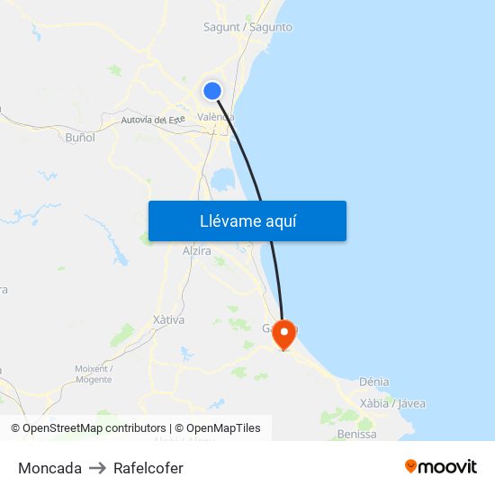 Moncada to Rafelcofer map